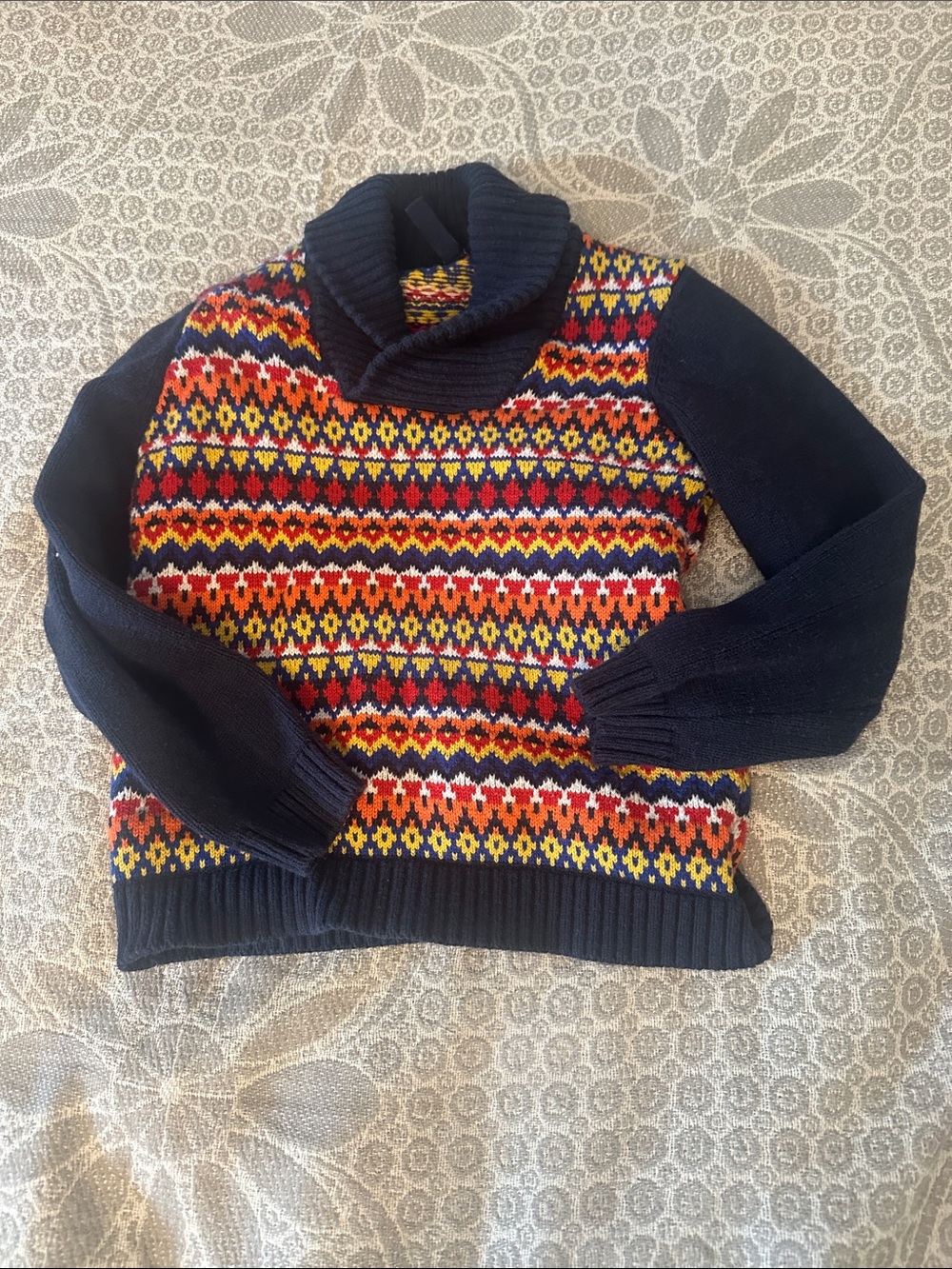Janie and Jack Navy Turtleneck Sweater with Red, Yellow & Orange Fair Isle